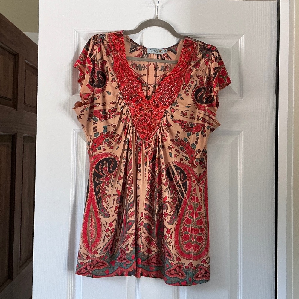 Unity World Wear Orange Tan Teal Top Large